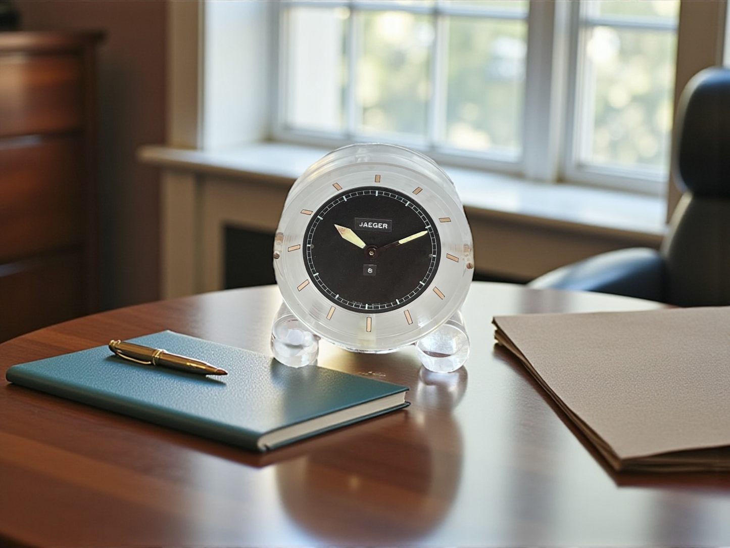 Jaeger Vintage atypical round manual wind desk clock / horloge / tishuhr