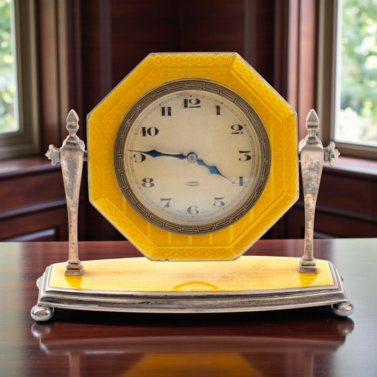James Griffiths Art Deco sterling silver enameled table clock H 10 cm Rare