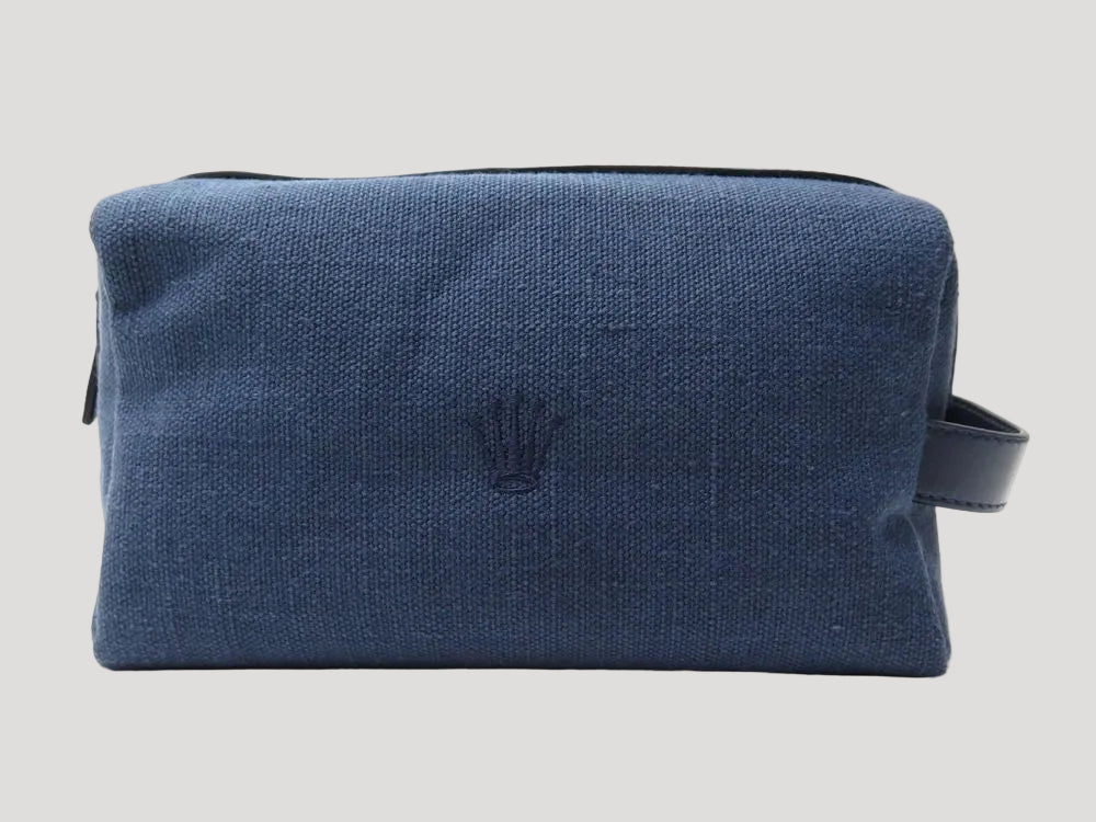 Rolex Pochette/ Trousse de voyage bleu en toile et cuir / Tissue & Leather Blue Travel Toiletry Bag in its Rolex protective box