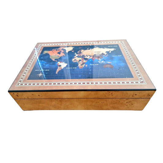 Large Woden Box for 6 watches & jewellery Rare with world map motif