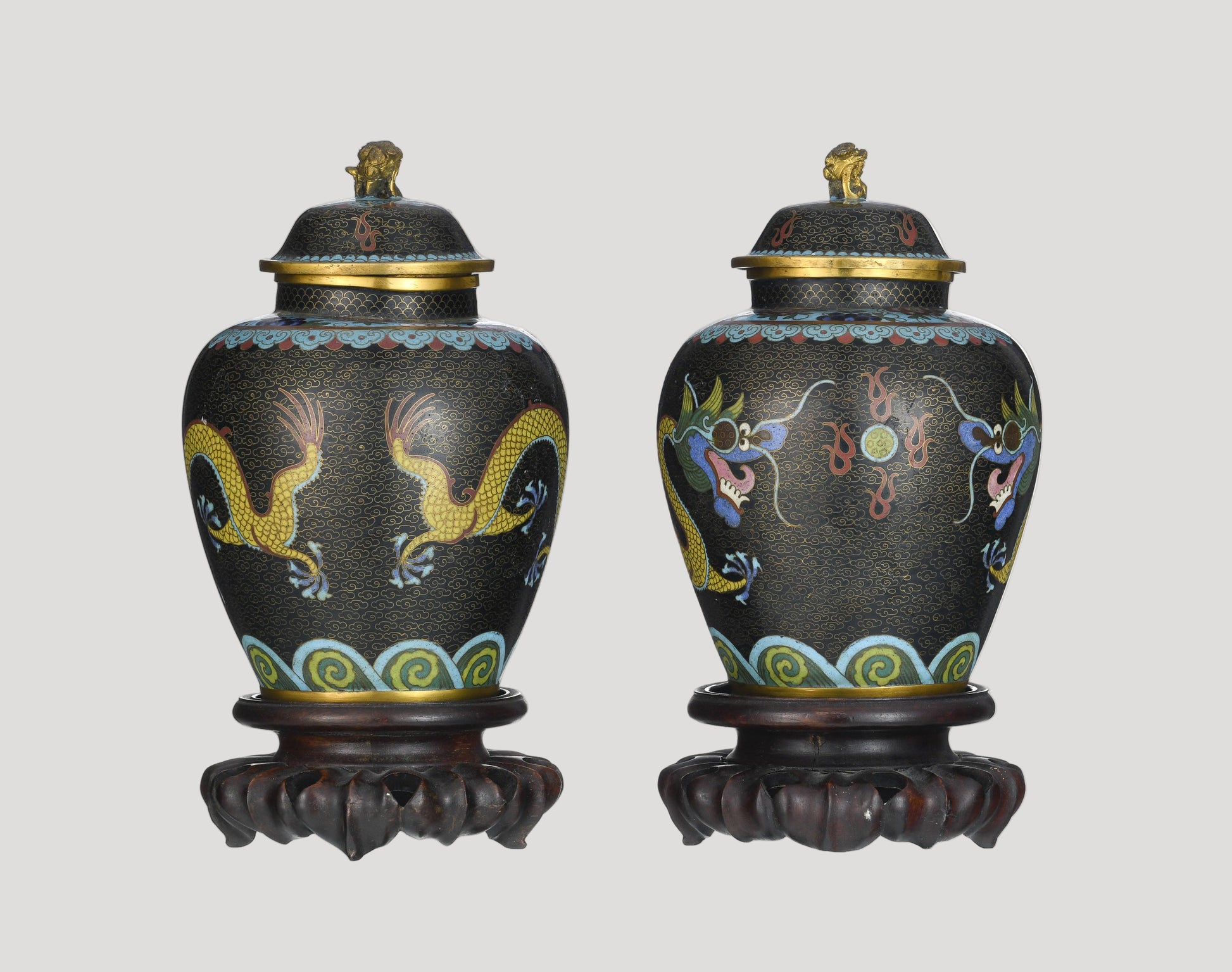 Pair of 2 cloisonné enamel vases, China, 20th c., dragon design, h. 20 cm