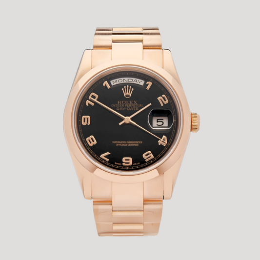 ROLEX Day-Date 118205 18K Rose Gold Full Set, rolex day-date, 24time, Chrono24, Bucherer, Watchfinder, Rolex black dial, Rolex Oyster, Luxury watches
